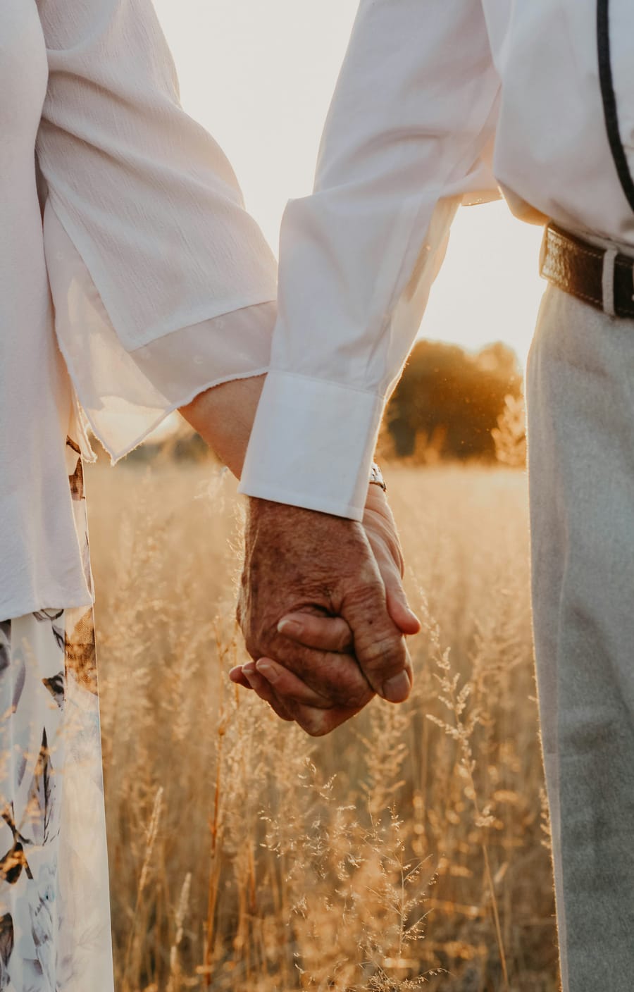 An elderly couple holding hands in a golden field at sunset.